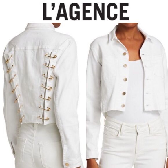 🔥 🧷 NWT L’AGENCE ARIA SAFETY PIN CROPPED DENIM JEAN JACKET - Picture 1 of 13